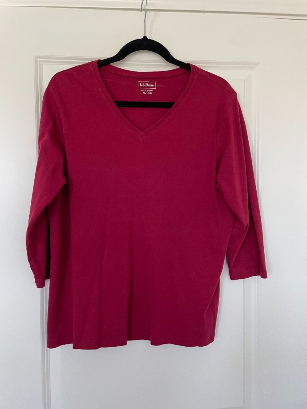 L.L.Bean Berry Red V Neck Top XL 100% Cotton 3/4 Sleeve Shirt